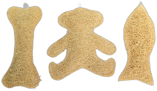 Loofah pet toy shapes: bone, teddy bear and fish